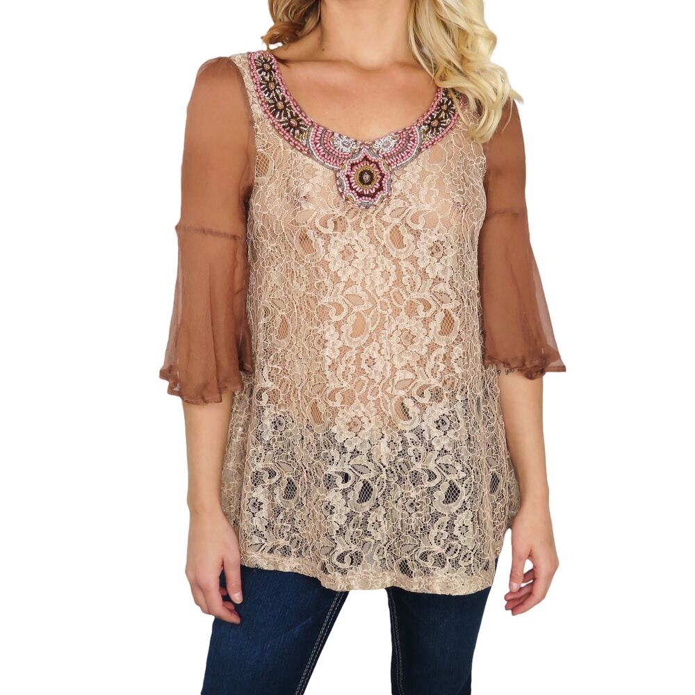Gimmicks by BKE Mauve Pink Lace Beaded Boho Fairy Beaded Silk Blouse Small